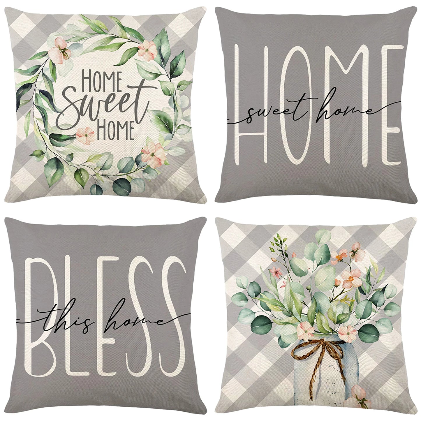 4-Piece Floral Linen Throw Pillow Cases – Square Waist Protection Cushion Covers for Sofa & Bed 45x45CM
