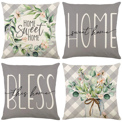 4-Piece Floral Linen Throw Pillow Cases – Square Waist Protection Cushion Covers for Sofa & Bed 45x45CM