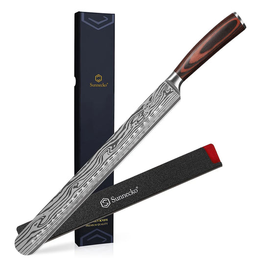 Sunnecko Chef's Brisket Slicing Knife 12" High Carbon Stainless Steel Ham Cutting Knife with Sheath Ergonomic Pakkawood Handle