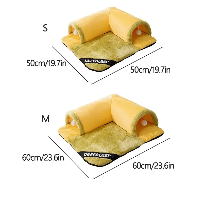 2-in-1 Cat Tunnel & Bed - Detachable Warm House with Non-Slip Play Mat