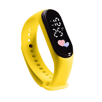 Yellow smartwatch with a black screen on a white background