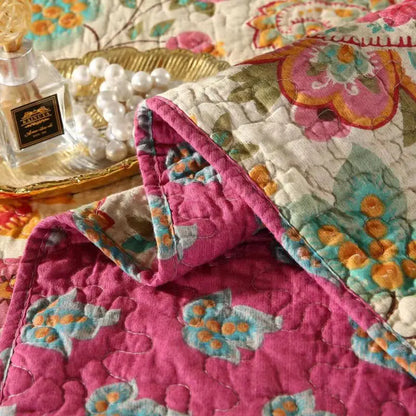 100% Cotton Quilted Bedspread – Rural Retro Bed Cover with Pillowcases for Queen & King Size