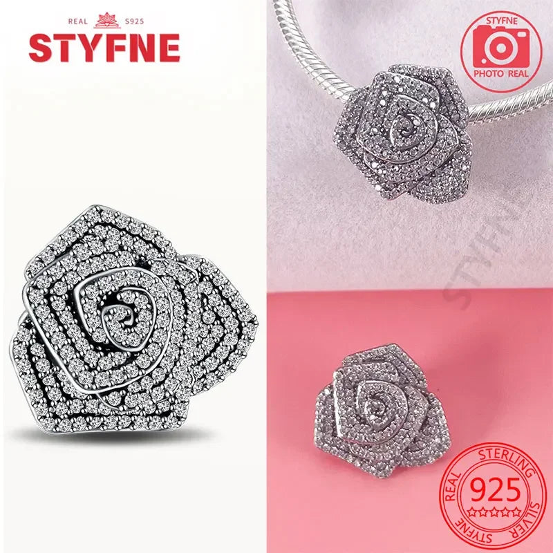 925 Silver Rose Pink Flower Shiny  Zircon Charm Beads For Original Charms Original Bracelet for Women DIY fine Jewelry Gift