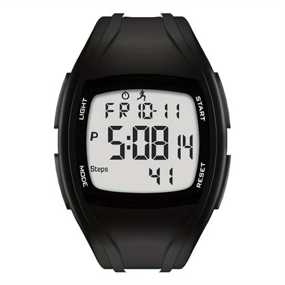 Black digital watch with a white display on a white background