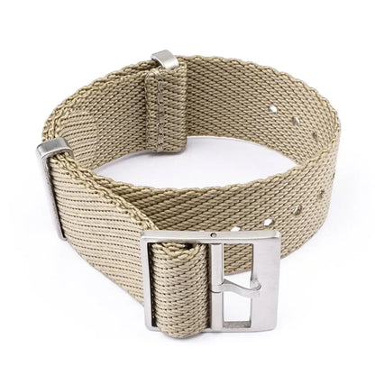 Beige woven belt with silver buckle on a white background