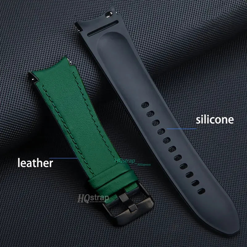 Green leather and black silicone watch strap on a textured gray background