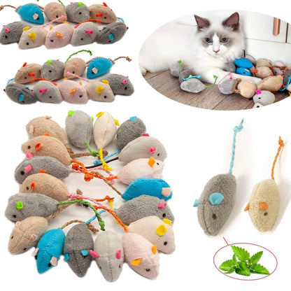 Catnip toy mice with a cat interacting with them on a white background