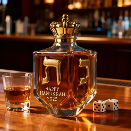 Hanukkah Whiskey Decanter Set – Gold Glass Bottle with Engraved Dreidel
