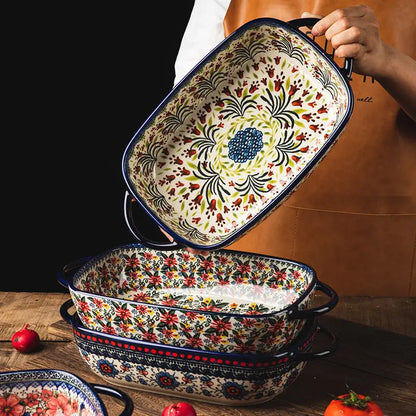 Polish-Style Ceramic Baking Tray – Oven & Microwave-Safe Large Salad & Fruit Cake Rectangular Plate