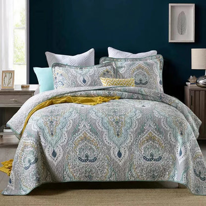 100% Cotton Quilted Bedspread – Rural Retro Bed Cover with Pillowcases for Queen & King Size