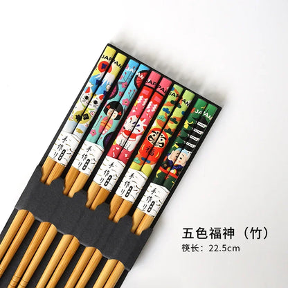 5-Pair Cute Multi-Color Bamboo Chopsticks Set – Non-Slip Household Wooden Tableware