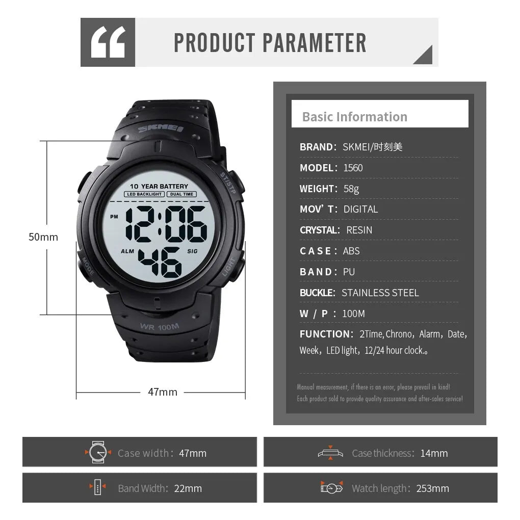 Black digital watch with product parameter details on a white background