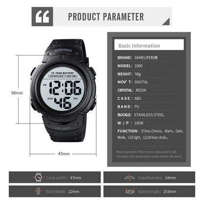 Black digital watch with product parameter details on a white background