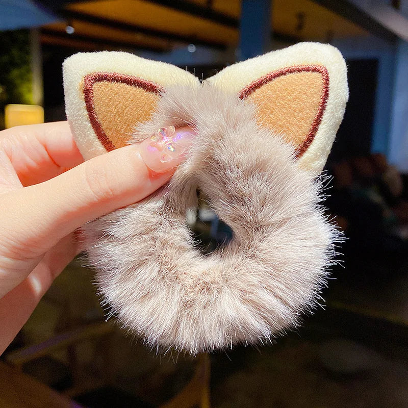 1PC 3D Plush Bunny Ear Hair Ties for Girls & Women