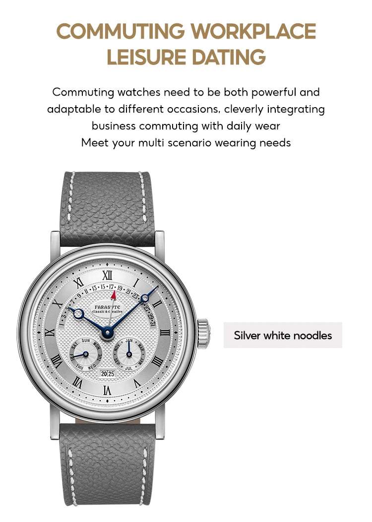 FARASUTE Men's Mechanical Watch Flyback Function Seagull Movement Month Display Week Display Calendar YearDisplay Sapphire Watch