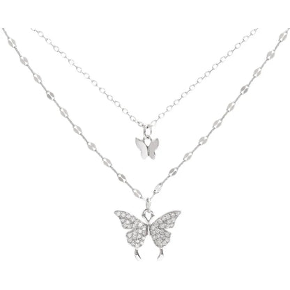 Double Layer Butterfly Collarbone Necklace – Light Luxury Stainless Steel Pendant for Women