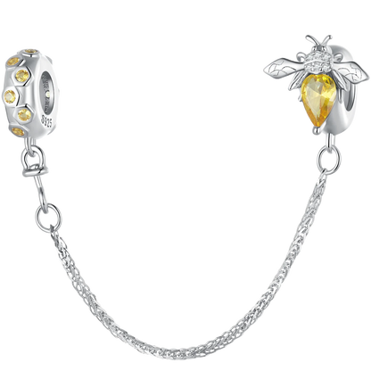 925 Sterling Silver Safety Chain Charm – Heart, Key & Flower CZ Stopper Bead