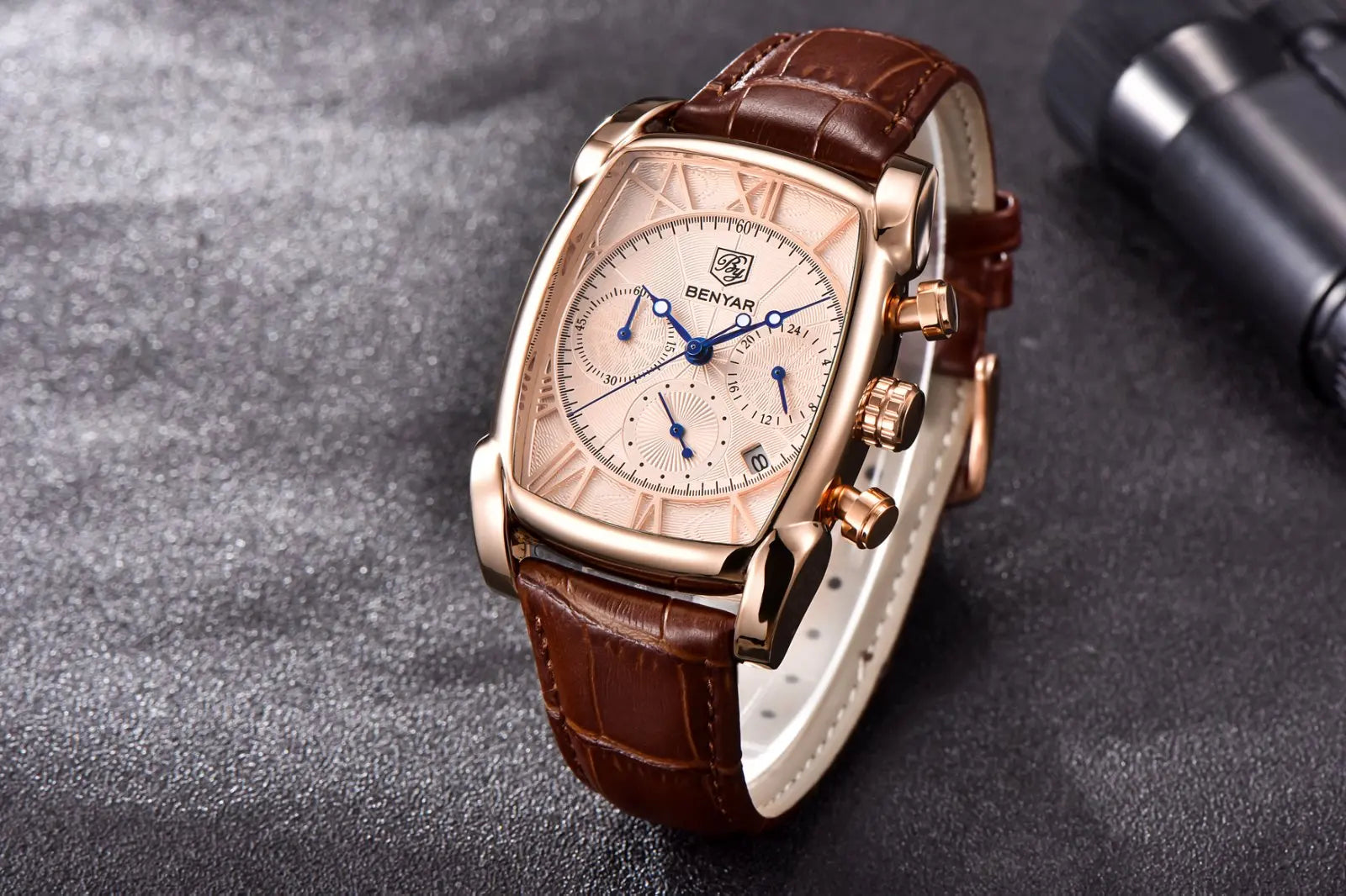 Relogio Masculino Mens Watches Top Luxury Brand BENYAR Chronograph Leather Quartz Watch Men Military Sport Rectangle Wristwatch - BeeTrendyShop.COM