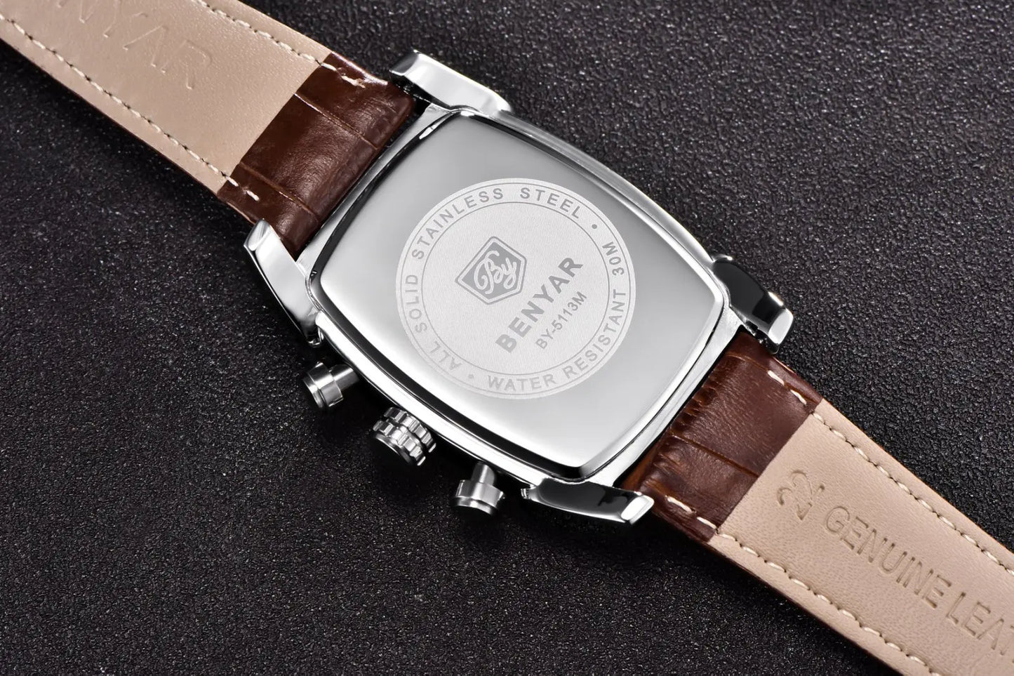 Relogio Masculino Mens Watches Top Luxury Brand BENYAR Chronograph Leather Quartz Watch Men Military Sport Rectangle Wristwatch - BeeTrendyShop.COM