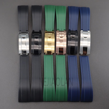 Set of four watch straps in black, green, blue, and silver on a gray background.