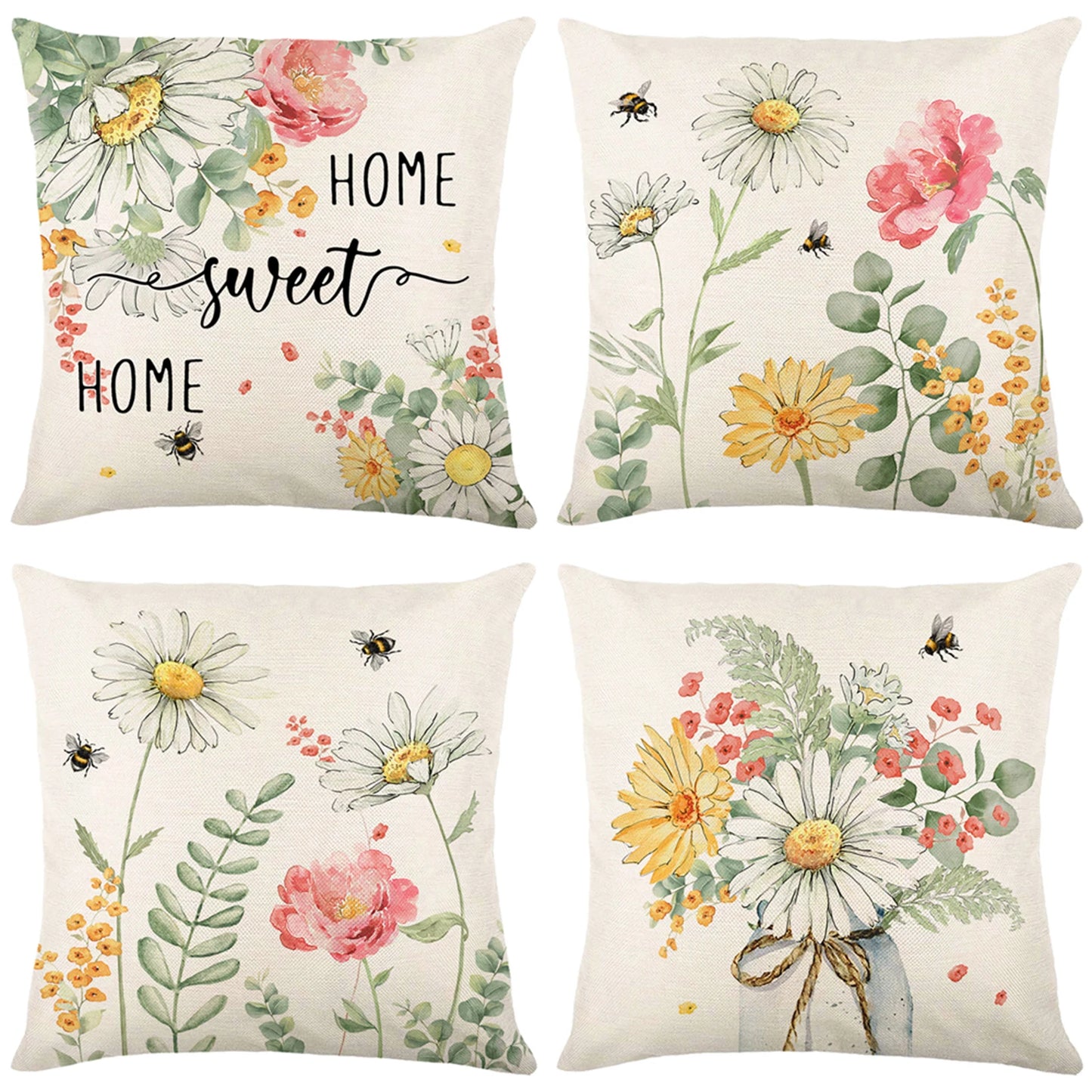 4-Piece Floral Linen Throw Pillow Cases – Square Waist Protection Cushion Covers for Sofa & Bed 45x45CM