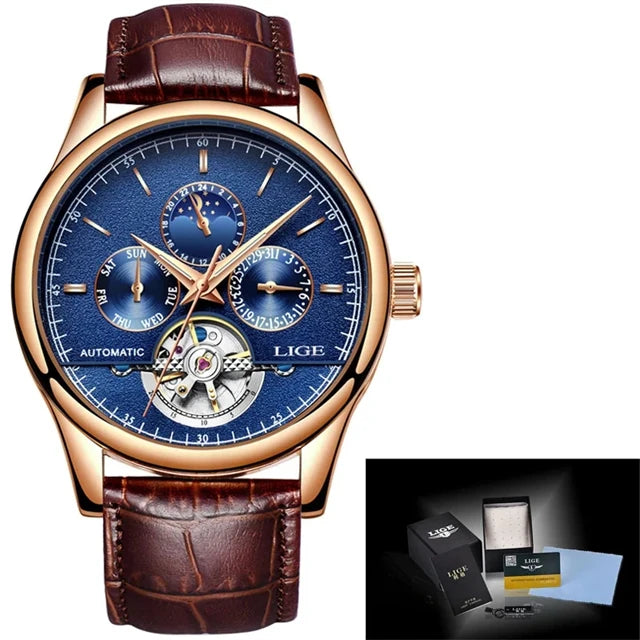Luxury watch with blue face and brown leather strap, including LIGE packaging.