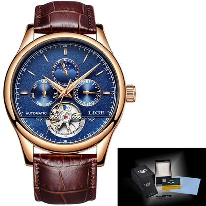 Luxury watch with blue face and brown leather strap, including LIGE packaging.