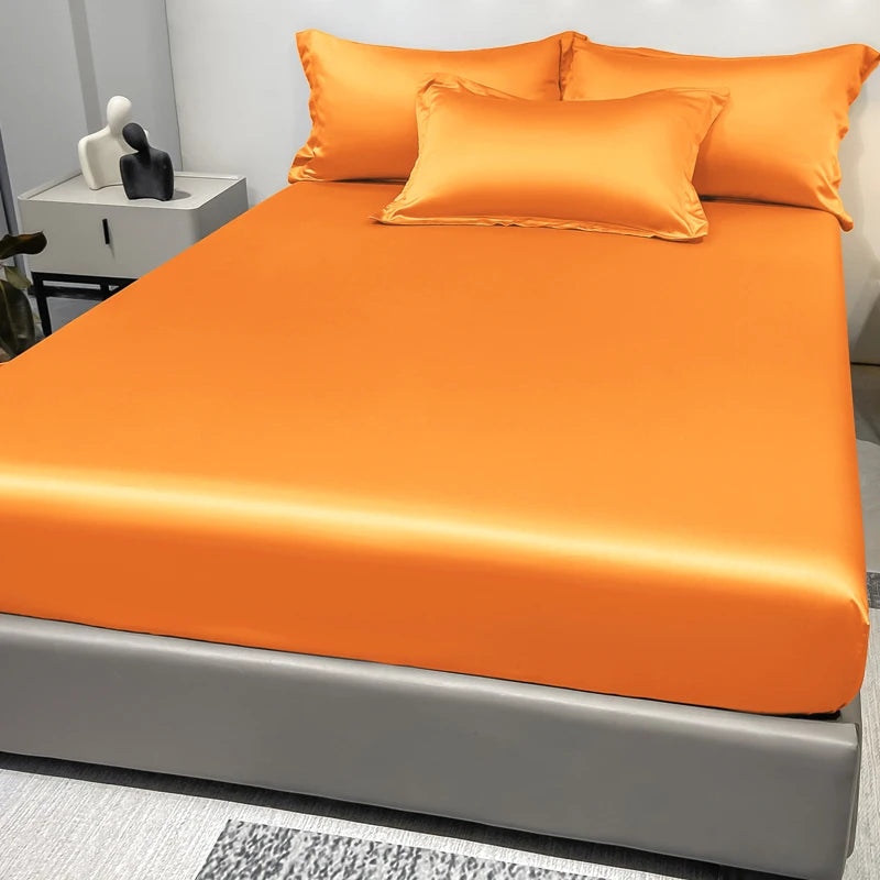Modern Satin Ice Silk Solid Color Fitted Sheet – Smooth Bedroom Bedspread (Excluding Pillowcases)