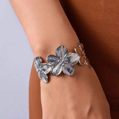 Flower Chunky Opening Bangle – Waterproof Stainless Steel Wide Bracelet for Women