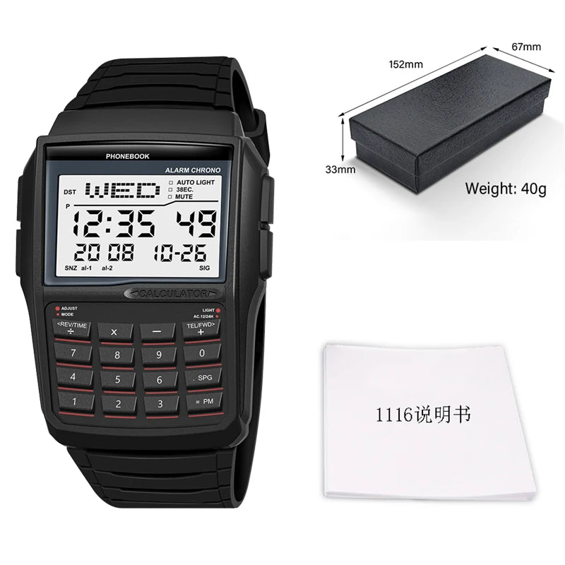 Black digital wristwatch with calculator functions, packaging, and dimensions displayed.