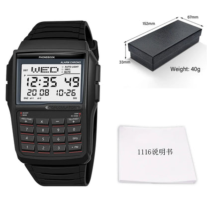 Black digital wristwatch with calculator functions, packaging, and dimensions displayed.