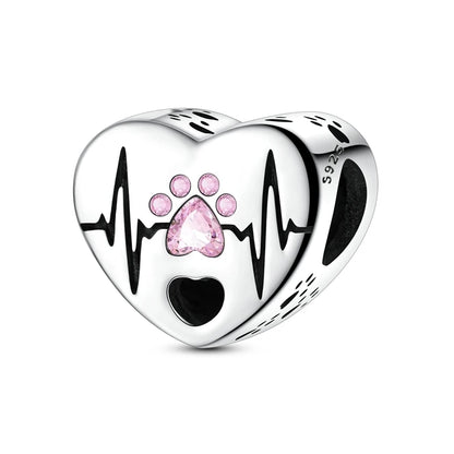 925 Sterling Silver Dog Paw Heart Zircon Charm – Pink Pet DIY Jewelry