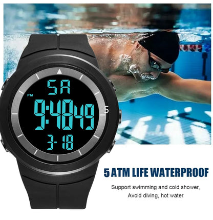Men's Tactical Digital Watch – 50M Diving, Black LED Military, Alarm & Stopwatch