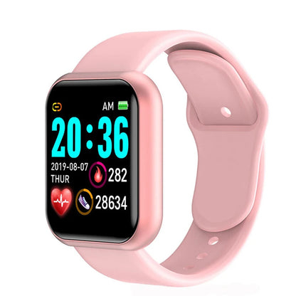 Pink smartwatch with a digital display on a white background