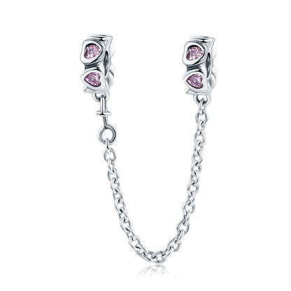 925 Sterling Silver Safety Chain Charm – Heart, Key & Flower CZ Stopper Bead