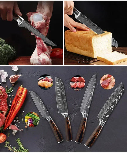 Laser Damascus Kitchen Knife Set – Cleaver, Santoku, Bread, Boning & Kitchen Scissors
