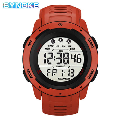 Red digital watch with white display on a white background, featuring the brand 'SYNOKE'.