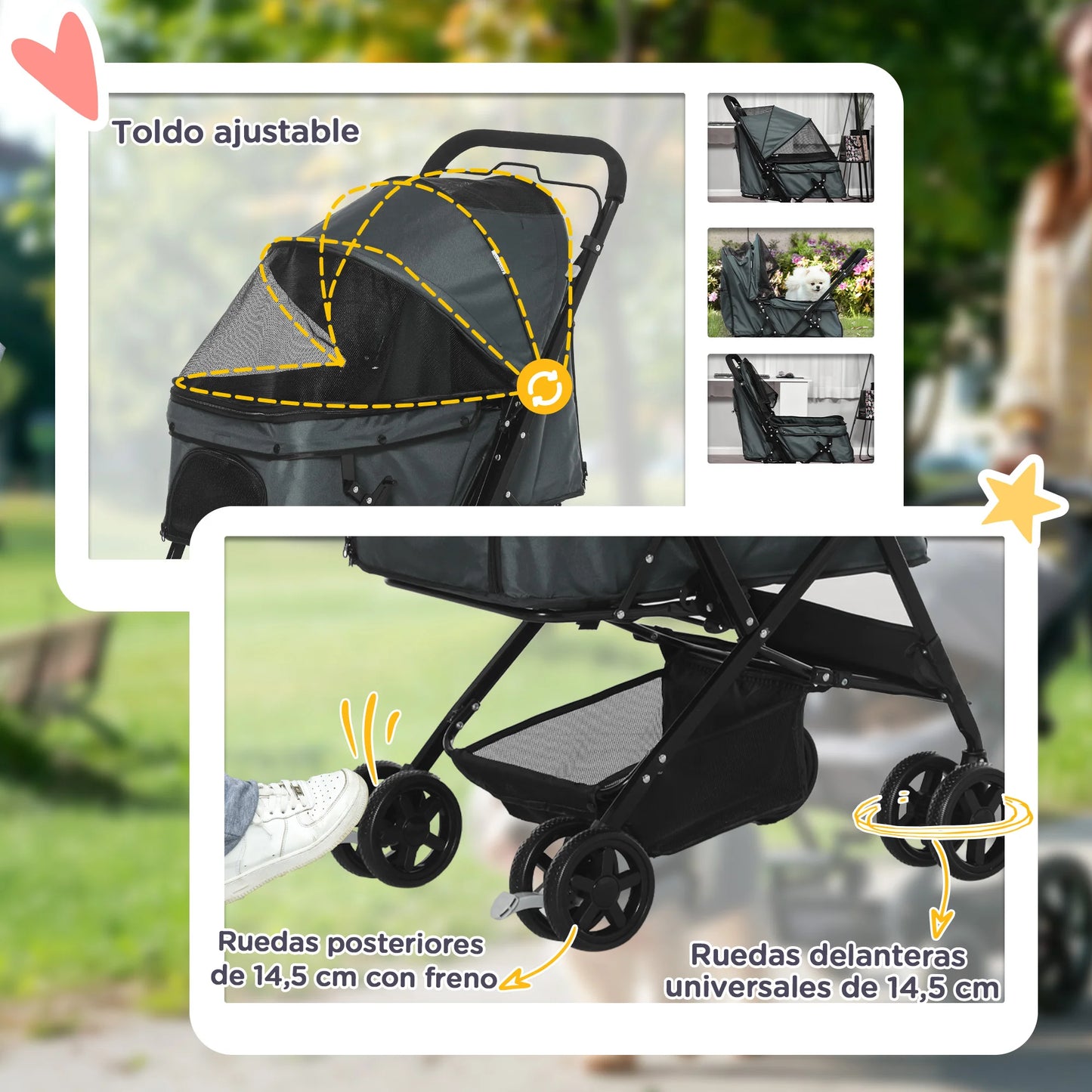 Pawhut Adjustable Canopy Pet Stroller - Lightweight & Foldable