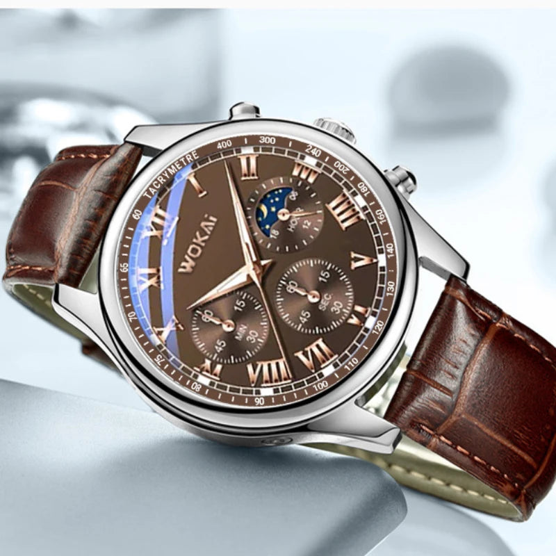 Wristwatch with brown leather strap and detailed brown dial on a light gray background