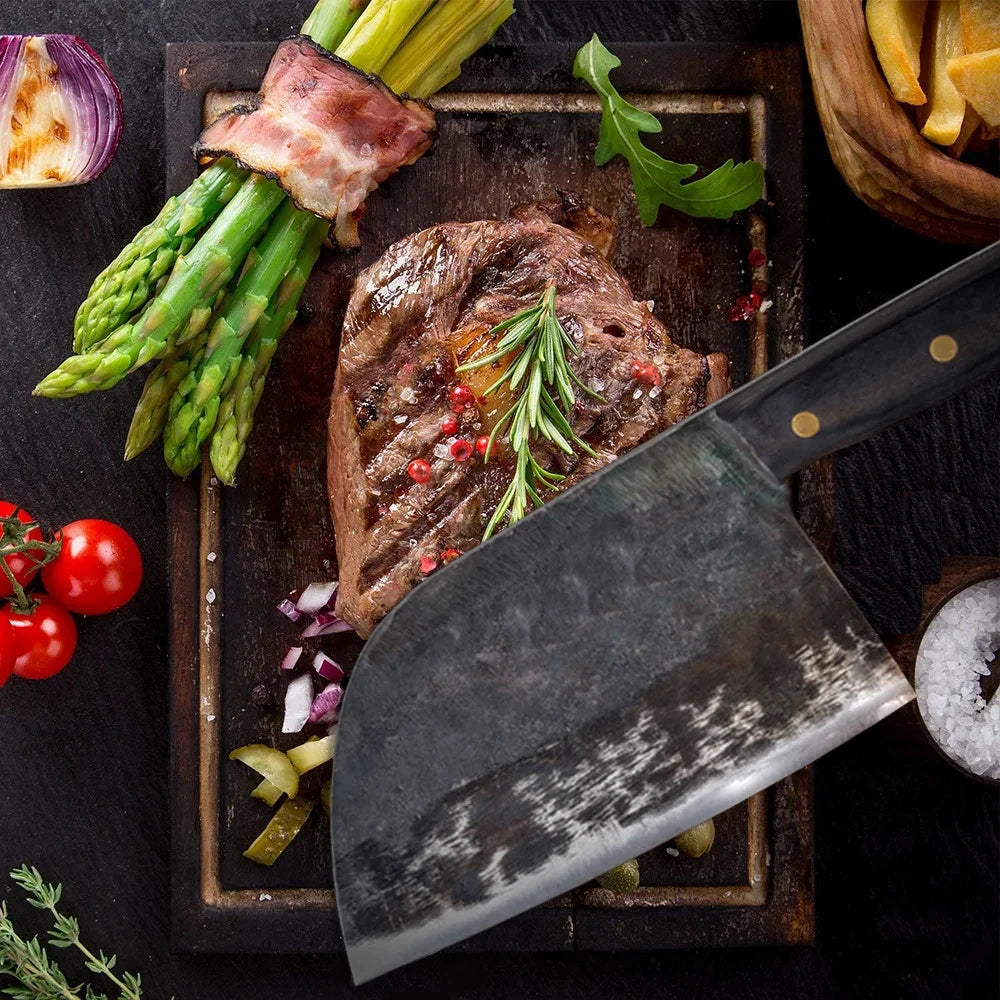 Hand-Forged Professional Butcher Knife Full Tang High-Carbon Steel Sharp Chinese Chef Knife Pork Beef Lamb Poultry Cutting Knife