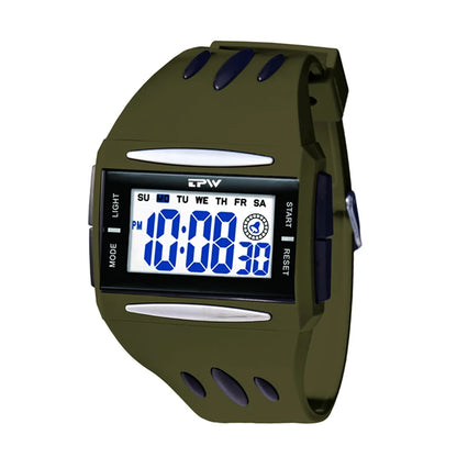 Green digital watch with blue display on a white background