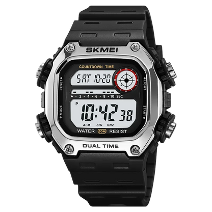 Digital watch with black strap and silver case on a white background
