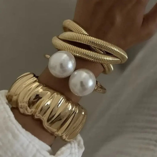 Bracelet Vintage Pearl Wide Cuff Bangles Men Hip Hop Punk Gold Silver Color Geometric