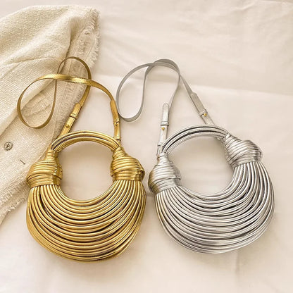 Handbags for Women 2025 New Gold Luxury Designer Brand Handwoven Noodle Bags Rope Knotted Pulled Hobo Silver Evening Clutch Chic - BeeTrendyShop.COM
