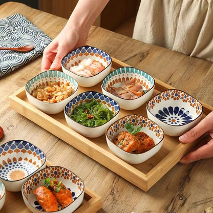 Bohemian Ceramic Sauce & Snack Bowl – Small Square Japanese Style Pickle & Condiment Dish