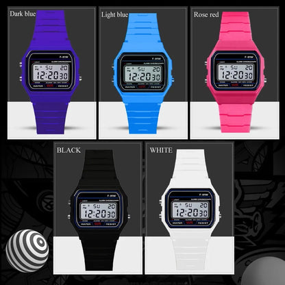 Digital watches in various colors including purple, blue, pink, black, and white on a dark background.