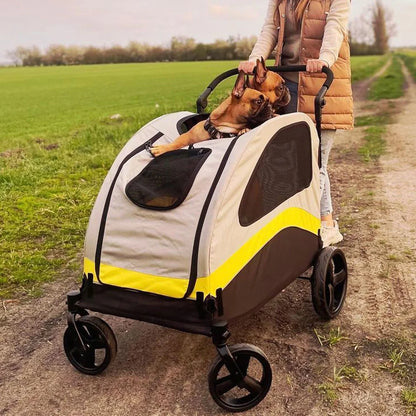 Person pushing a pet stroller with a dog on a path in a field