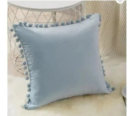 Soft Velvet Decorative Cushion Cover with Pom-Pom Ball – Sofa & Bedroom Pillowcase Blue Pink