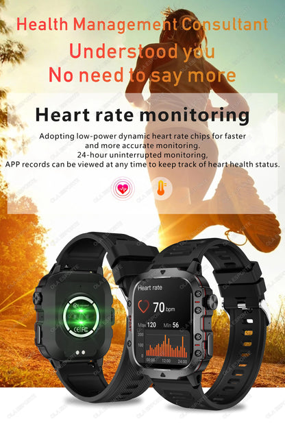Military Smartwatch for Men – IP68 5ATM Waterproof, Outdoor Fitness Tracker, Health Monitor, Bluetooth