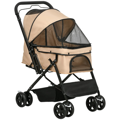 Pet stroller with beige cover and black frame on a white background